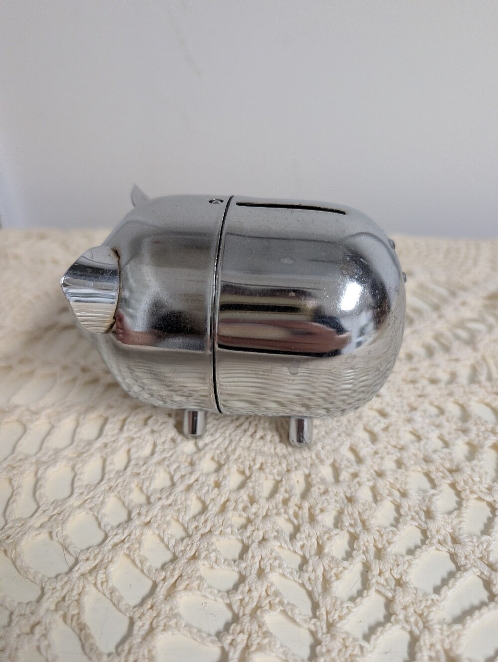 Vintage Mid-Century Chrome Piggy Bank Retro Modern Coin Bank